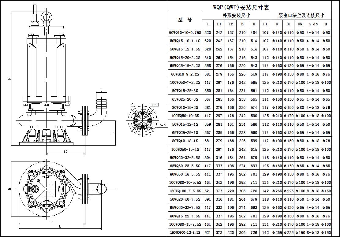 50QWP10-10-0.75潛水排污泵外形尺寸